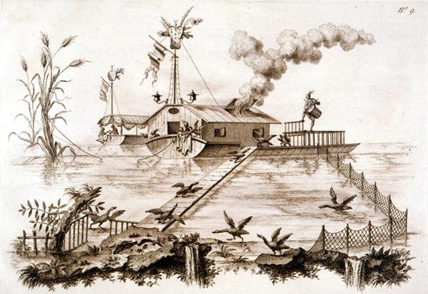 Fischen mit Kormoranen unter Verwendung eines Wasserbootes und eines eingezäunten Geheges, Illustration aus 