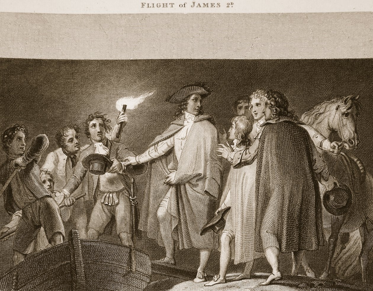 Flucht von James II, Illustration aus David Humes The History of England, veröffentlicht von R. Bowyer, London, 1812 von English School