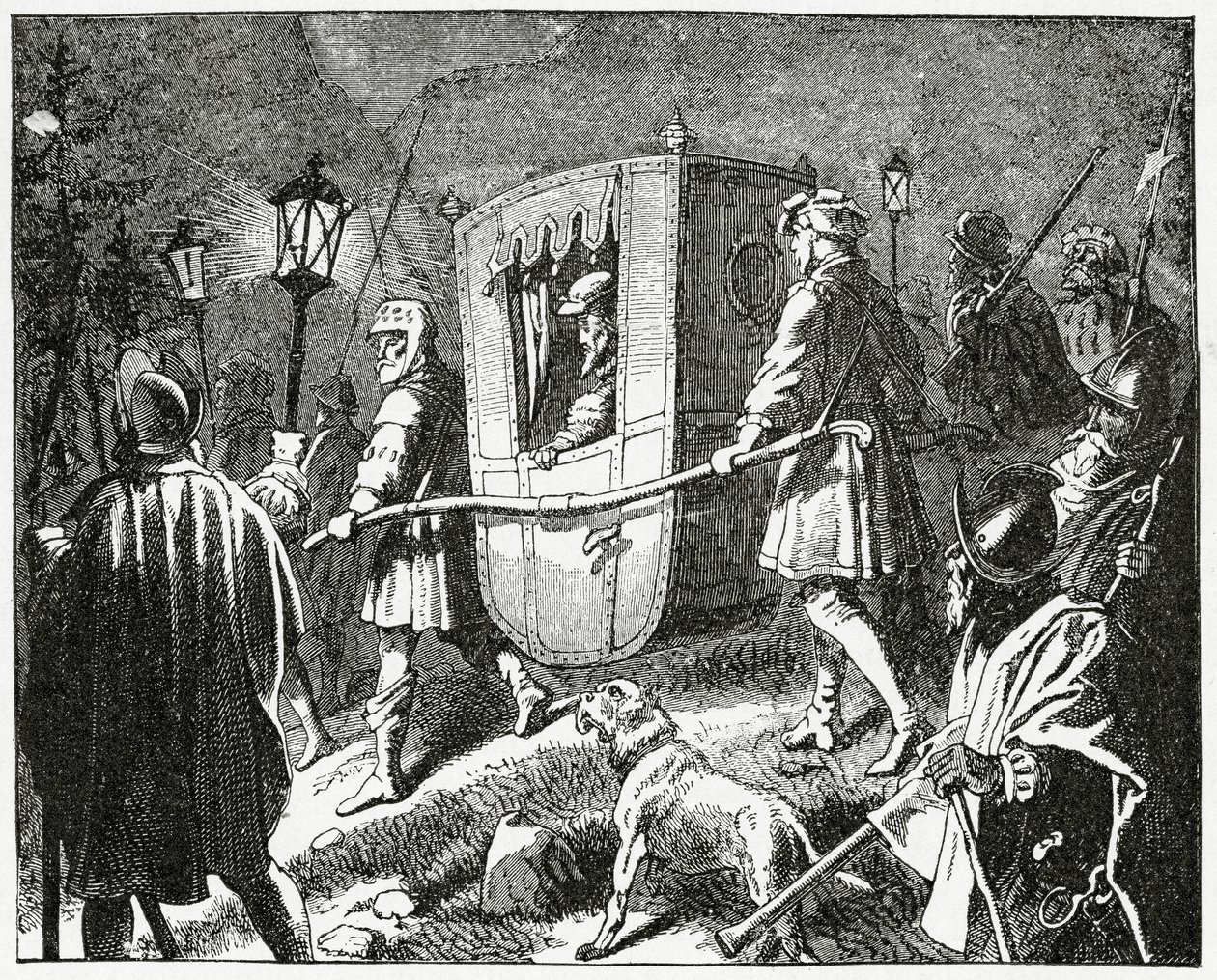 Flucht des Kaisers Karl V. im Jahr 1552 vor den protestantischen lutherischen Truppen unter der Führung des Kurfürsten Moritz von Sachsen, 1882 von English School