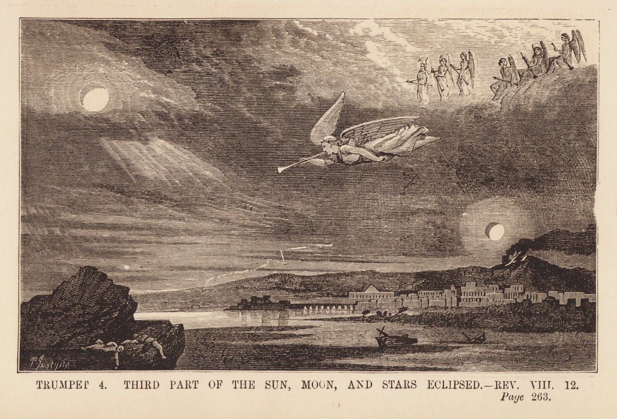 Vierter Engel bläst seine Trompete und verdunkelt Sonne, Mond und Sterne (Gravur) von English School