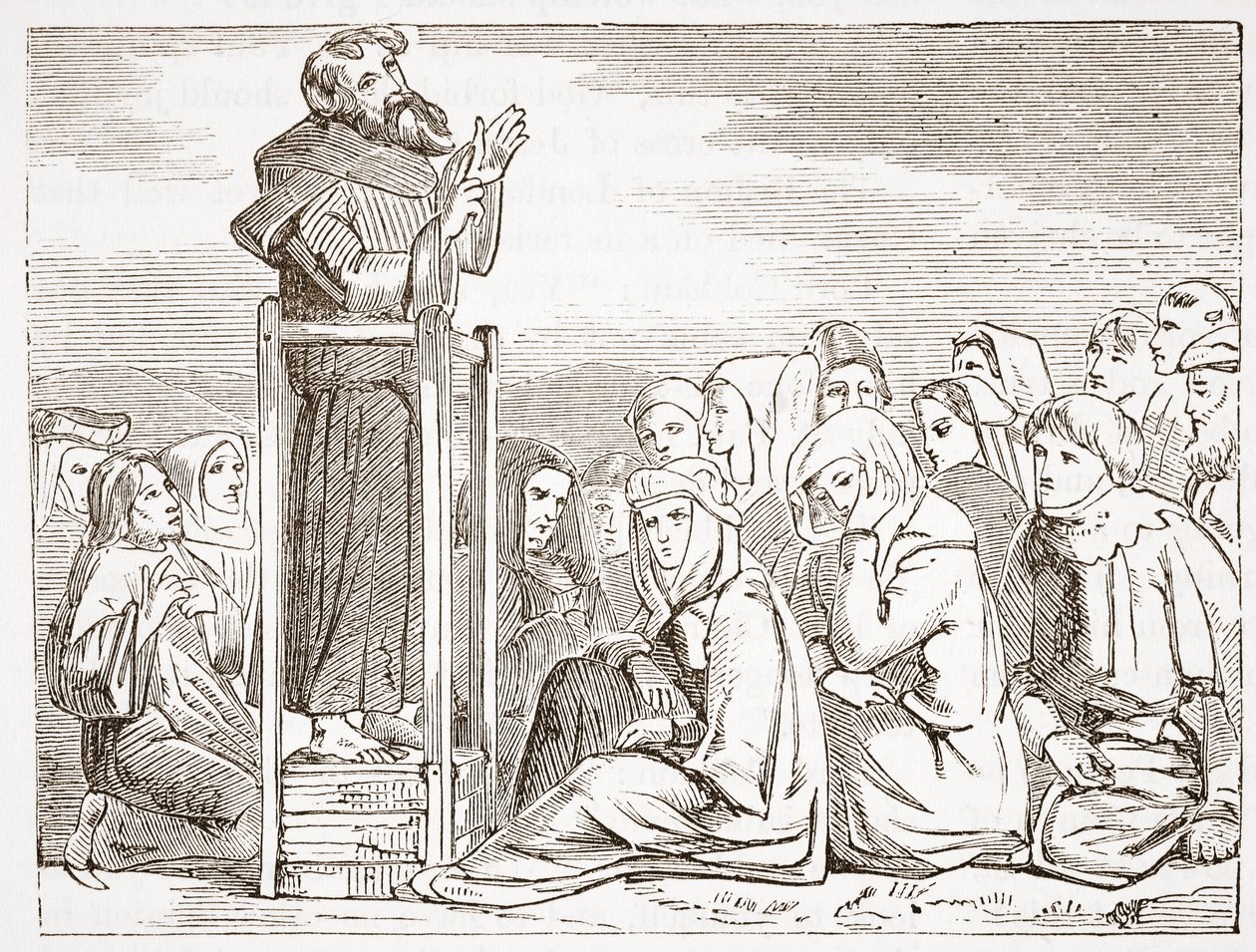 Mönch predigt von einer beweglichen Kanzel, Illustration aus Die Geschichte des Protestantismus von James Aitken Wylie, veröffentlicht 1878 von English School