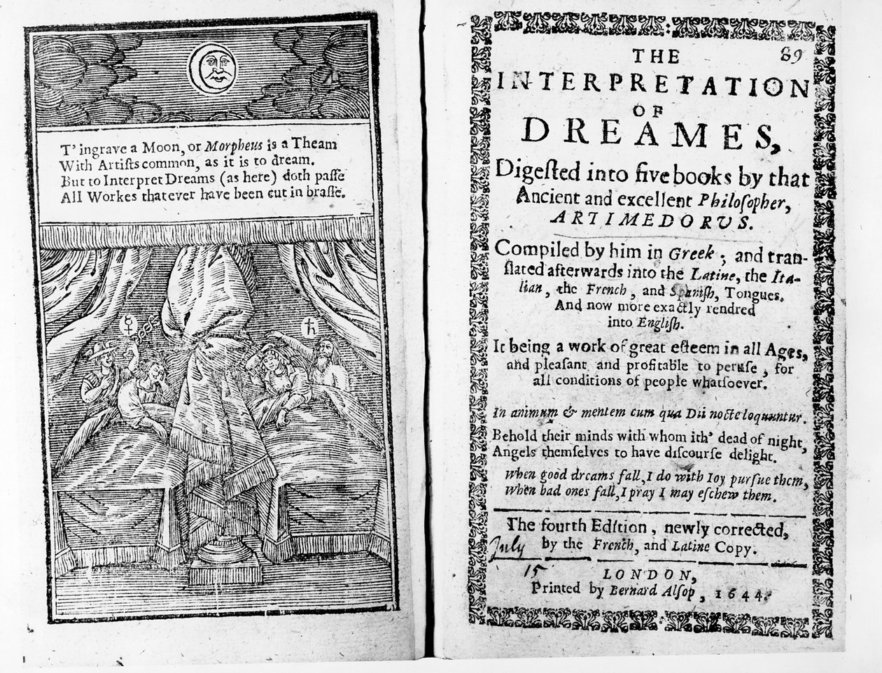 Frontispiz und Titelseite zu Die Deutung der Träume von Artemidorus, englische Ausgabe veröffentlicht 1644 von English School
