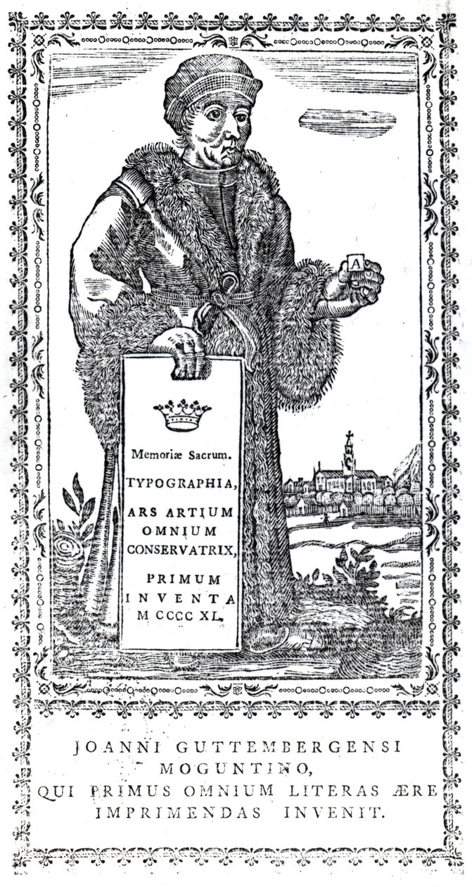 Frontispiz von Johannes Gutenberg aus A Concise History of the Origin and Progress of Printing von Philip Luckombe, veröffentlicht 1770 von English School
