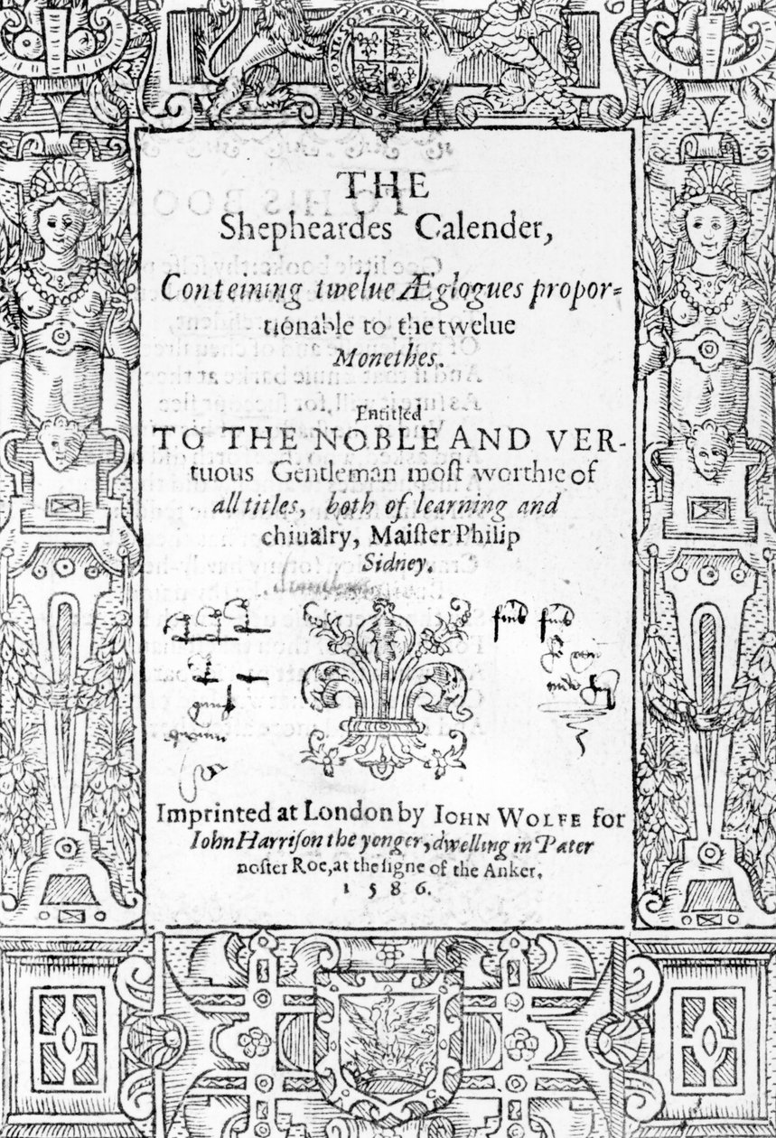 Frontispiz von The Shepheardes Calender von Esmond Spenser (1552-99), veröffentlicht 1586 von English School