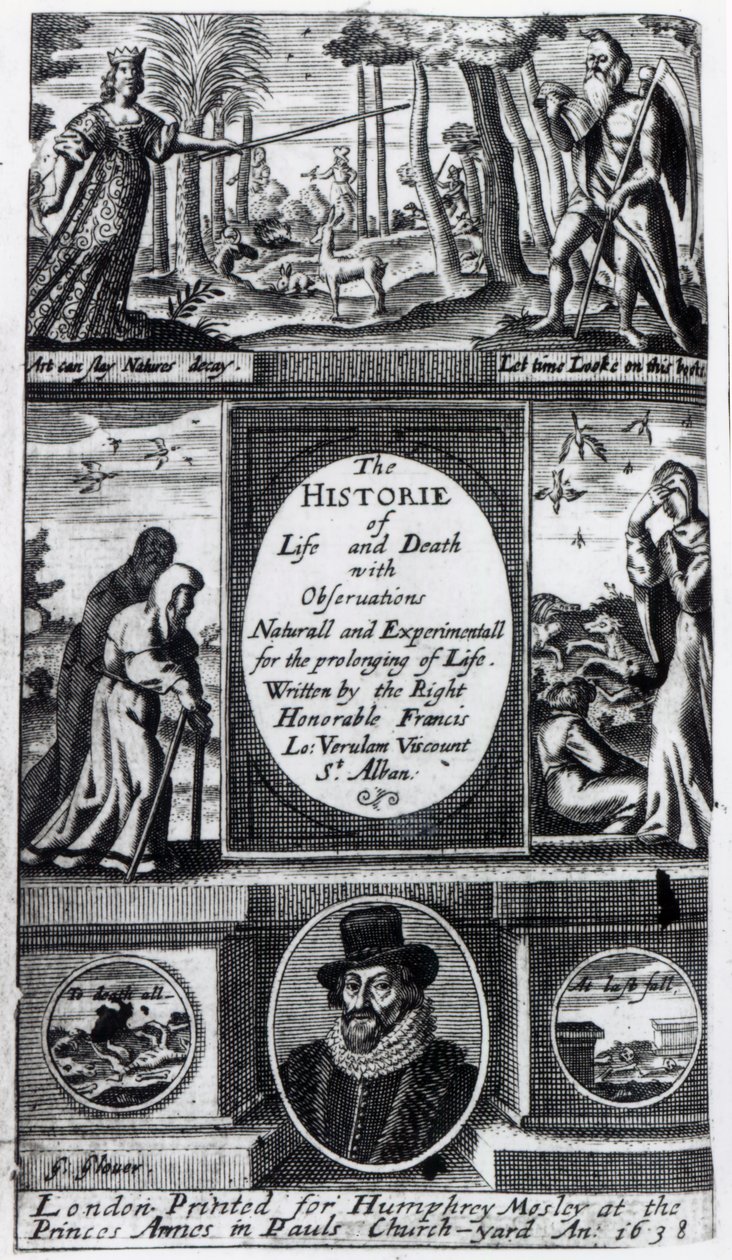 Frontispiz zu Francis Bacons Die Geschichte von Leben und Tod, veröffentlicht 1638 von English School