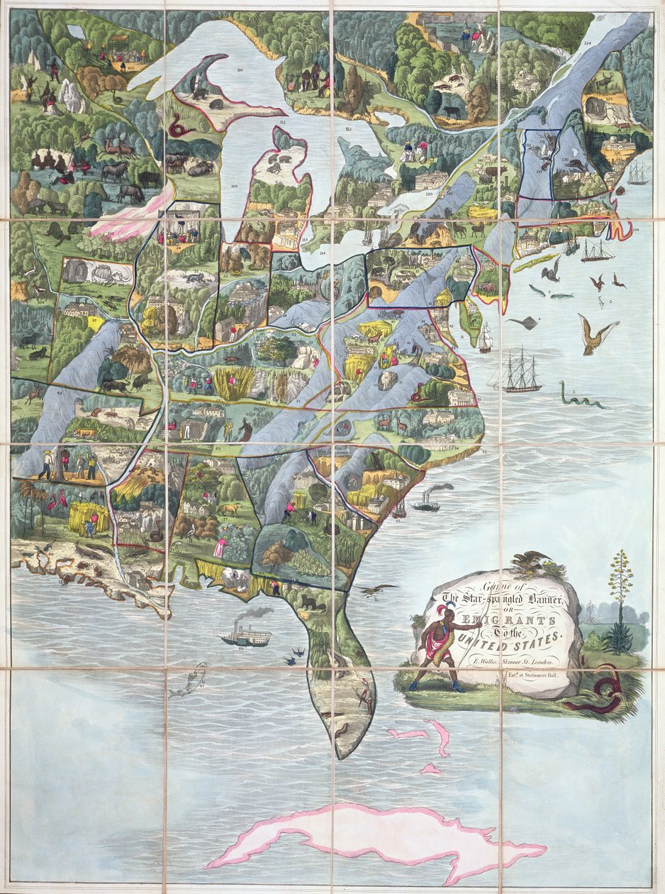 Spiel des Sternenbanners oder Auswanderer in die Vereinigten Staaten, Brettspiel ca. 1860 von English School