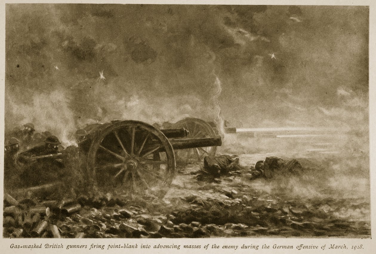 Gas maskierte britische Kanoniere feuern aus nächster Nähe auf vorrückende Massen des Feindes während der deutschen Offensive im März 1918, 1918-19 von English School