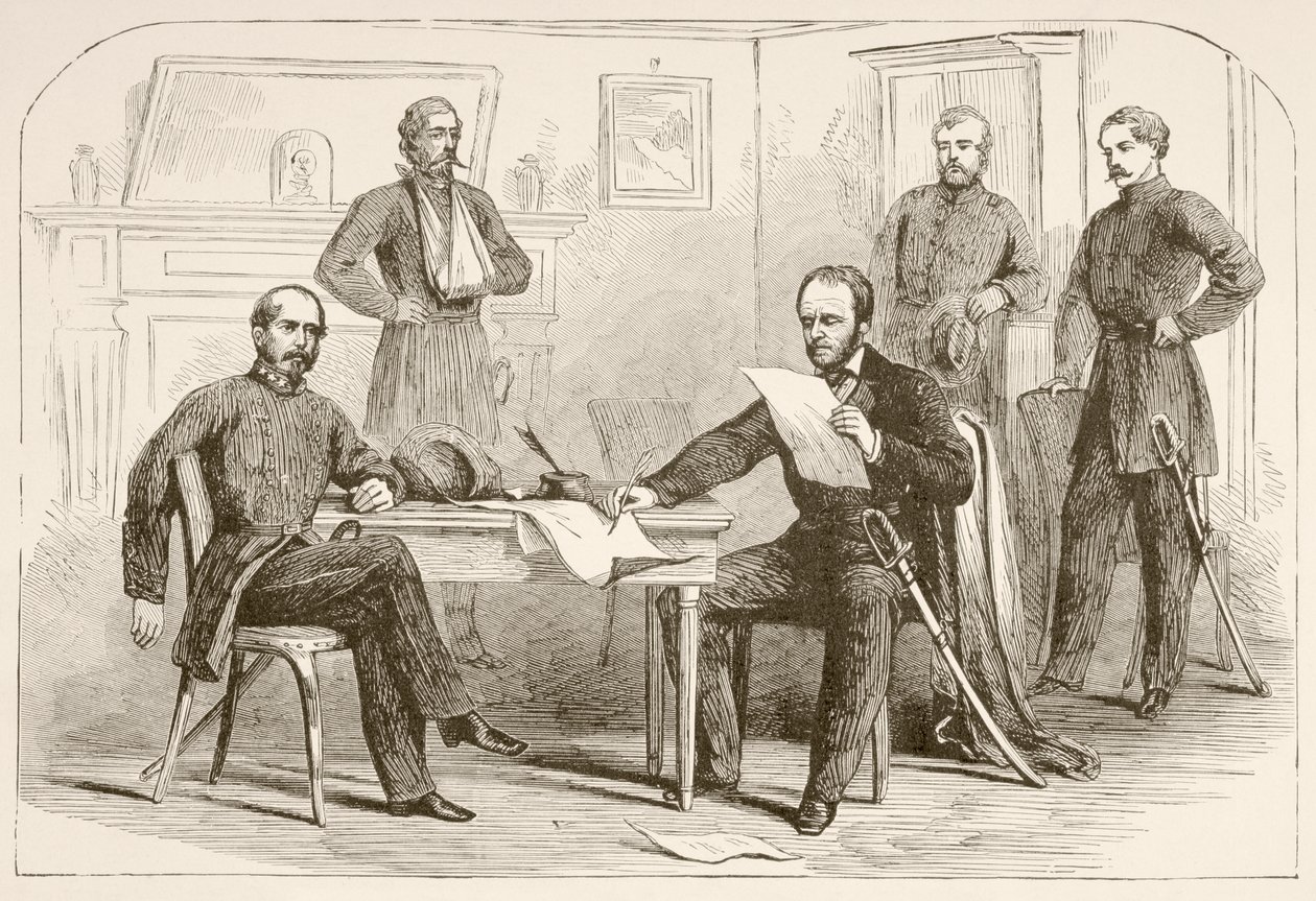 General Joseph Eggleston Johnston kapituliert die Armee von Tennessee an General William Tecumseh Sherman (Lithographie) von English School