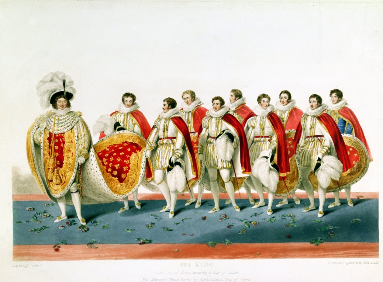 George IV. in Krönungsroben mit einem Staatskap, graviert von E. Scrivenor, nach einer Platte von Sir George Naylor von English School