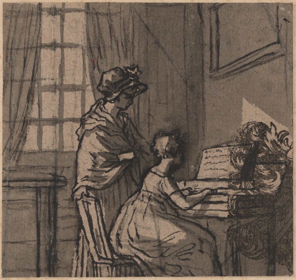 Mädchen an einem Klavichord, ca. 1800 (Tinte & Waschung auf Papier) von English School