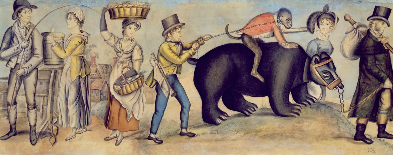 Auf dem Weg zur Messe, Detail eines tanzenden Bären und Affen, ca. 1815 von English School