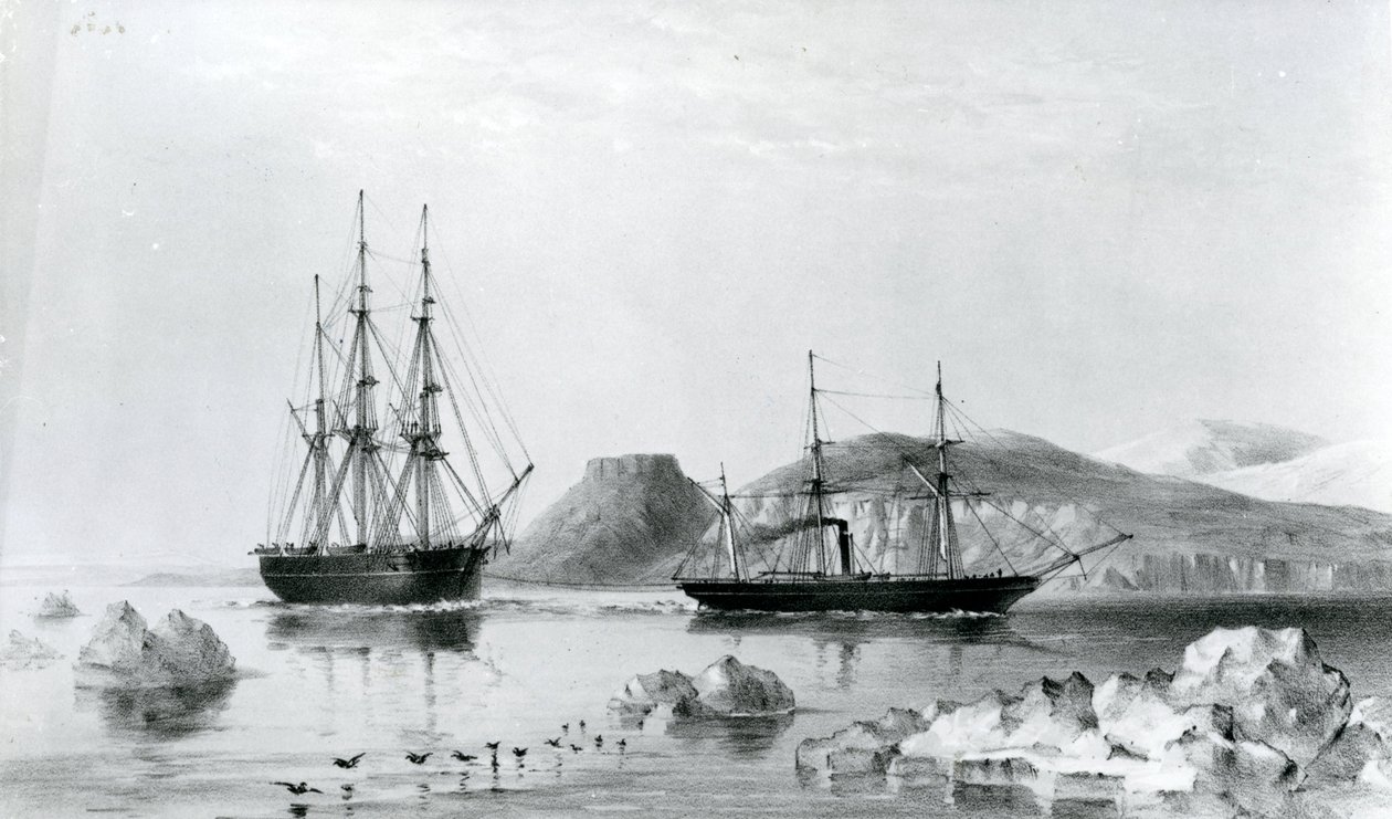 HMS Assistance im Schlepptau von Pioneer passiert John Harrow Mount, North Wellington Channel im Jahr 1853 von English School