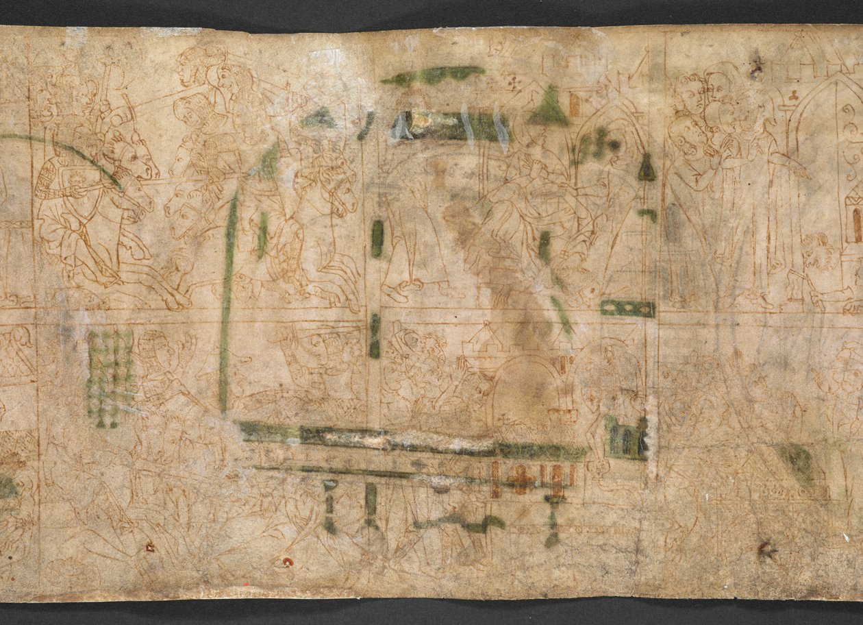 Harley Roll Y 6, Rundel 16v, Auf der Rückseite der Rundels 14-18 befinden sich eine Reihe von Zeichnungen aus dem 14. Jahrhundert, in zwei Registern, mit Szenen aus dem Buch I Samuel, Kapitel 1-4, aus dem 