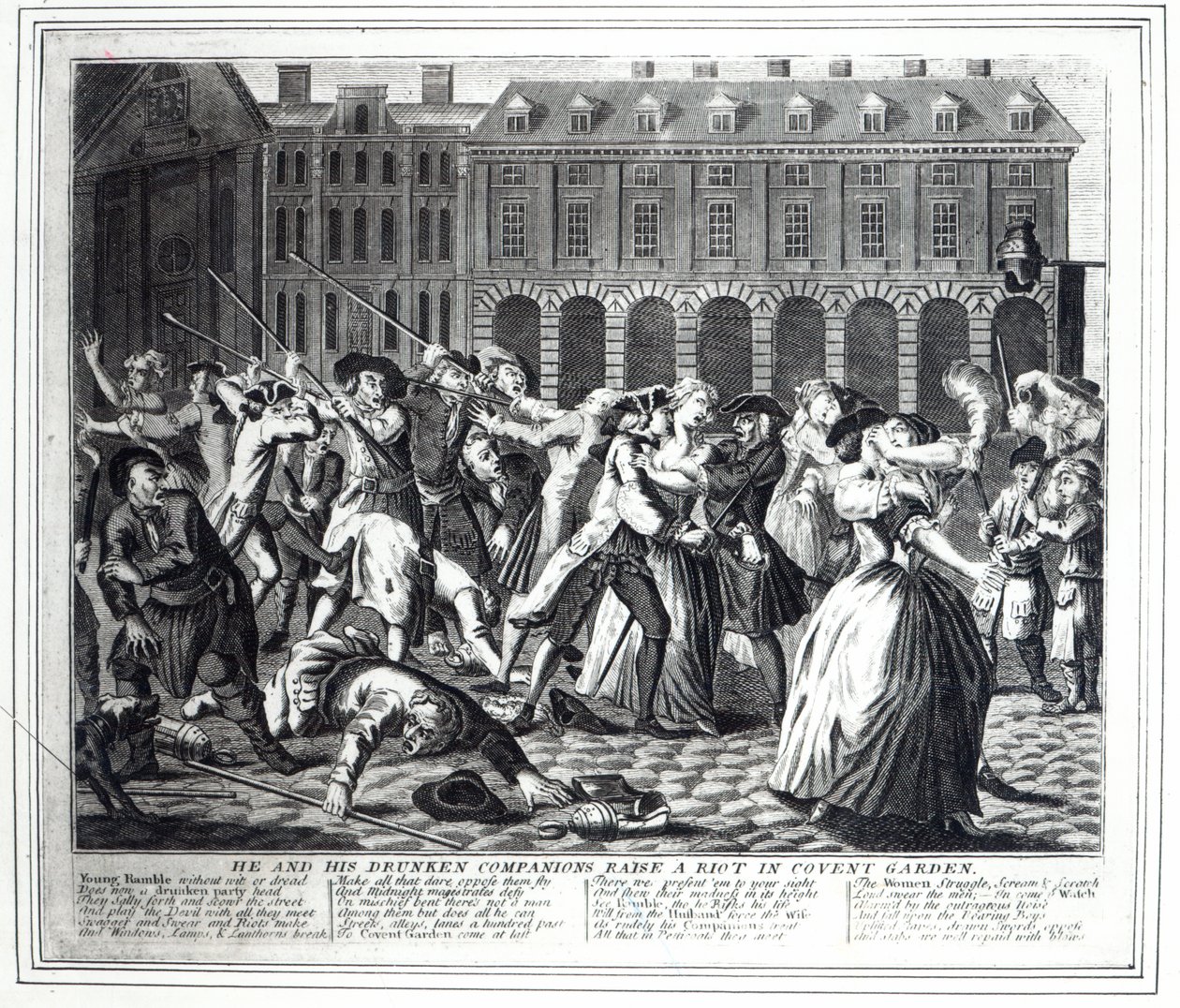 Er und seine betrunkenen Gefährten verursachen einen Aufruhr im Covent Garden, aus einer raubkopierten Serie basierend auf Hogarths 