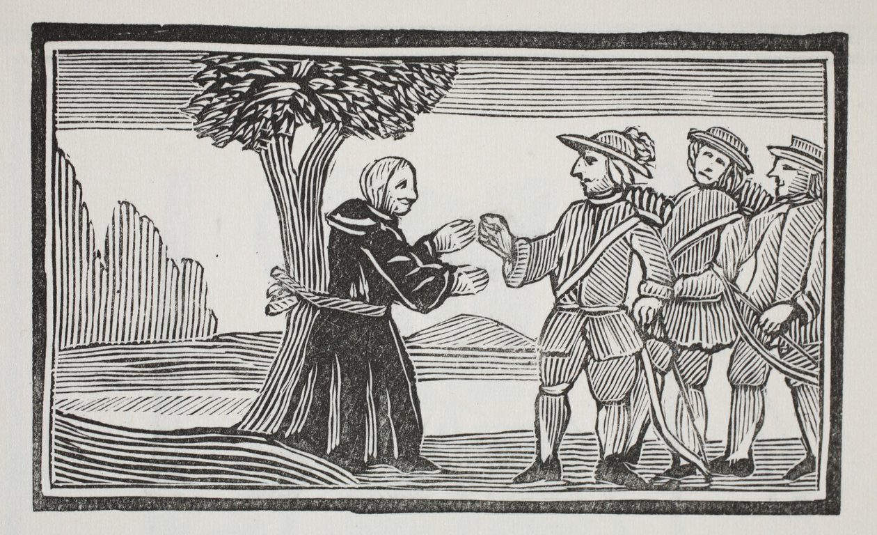 Er band den Abt an einen Baum, Illustration aus Chap-books des achtzehnten Jahrhunderts von John Ashton, veröffentlicht 1882 von English School