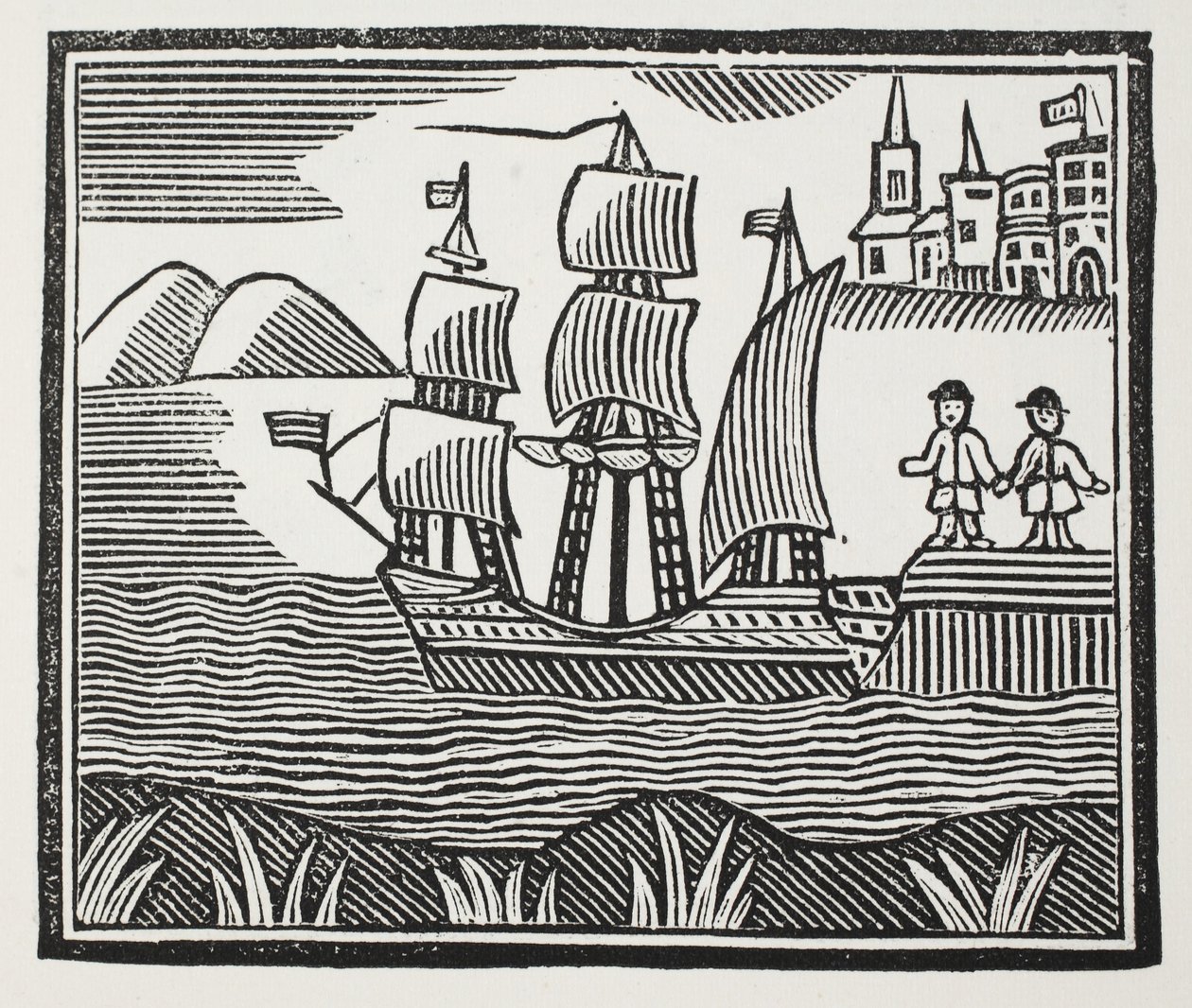 Er sticht in See auf seiner ereignisreichen Reise, Illustration aus Chap-books des achtzehnten Jahrhunderts von John Ashton, veröffentlicht 1882 von English School
