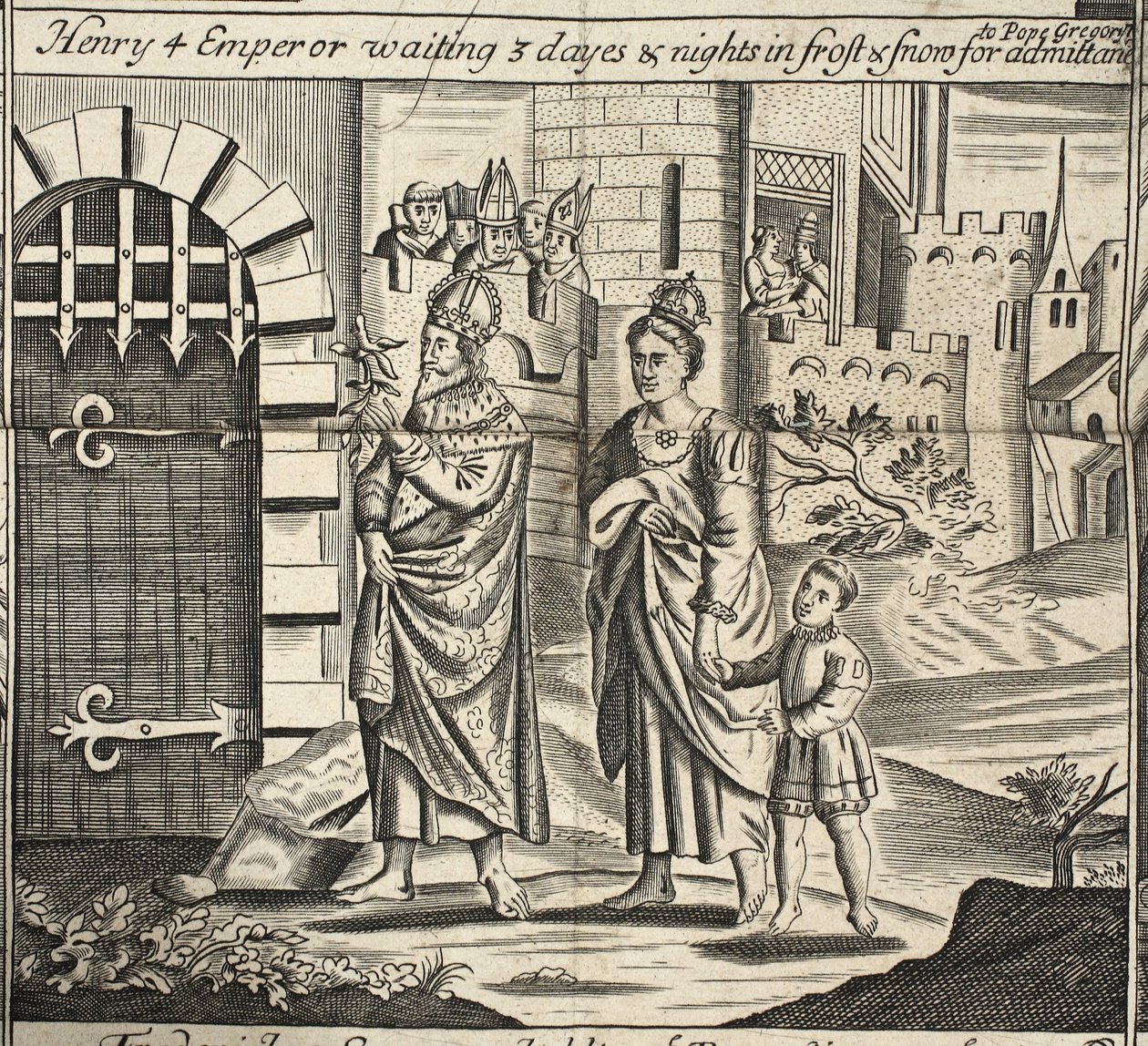 Heinrich IV. Kaiser wartet 3 Tage und Nächte im Frost und Schnee auf Einlass zu Papst Gregor, Illustration aus Acts and Monuments von John Foxe, neunte Ausgabe, veröffentlicht 1684 von English School
