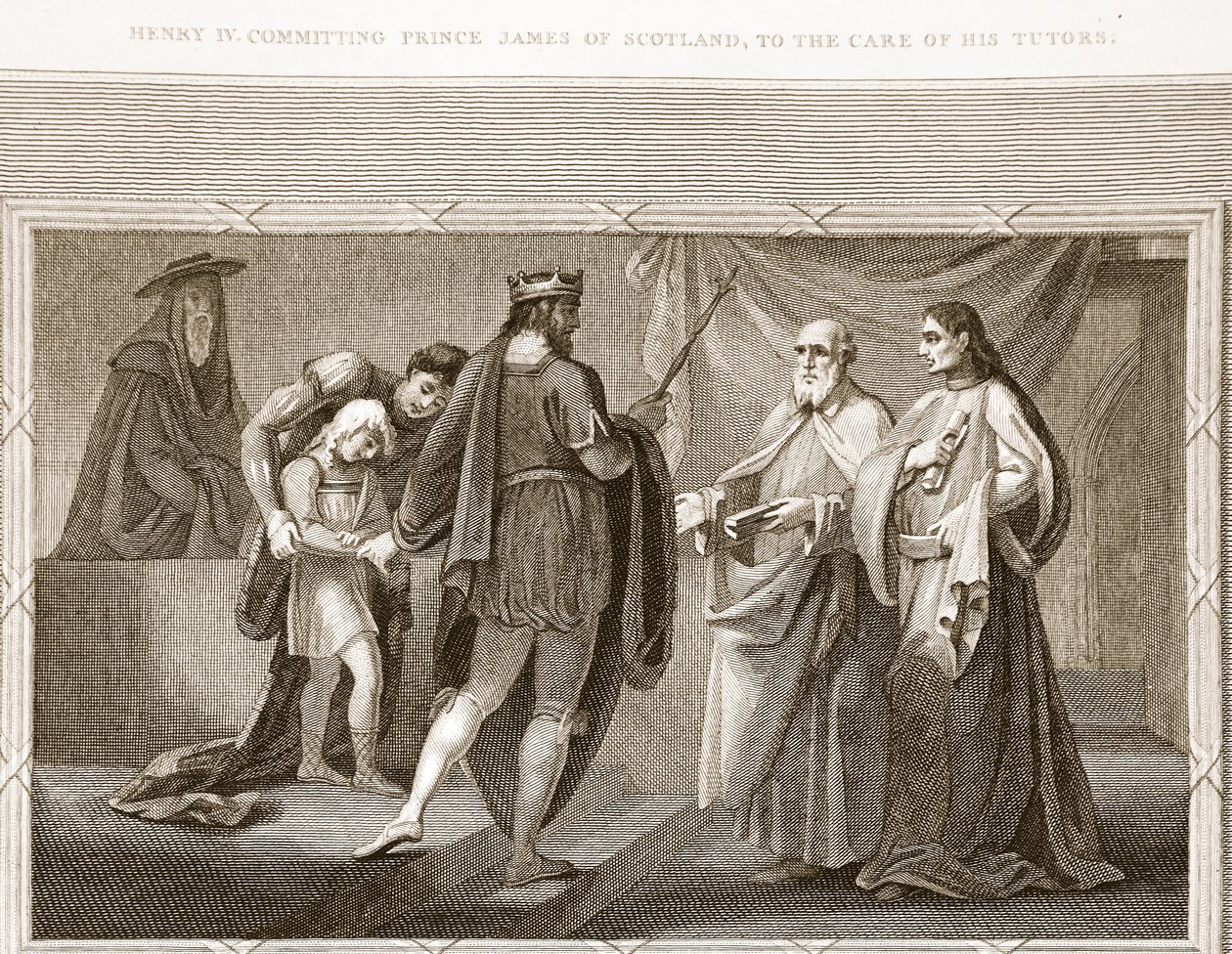Heinrich IV übergibt Prinz James von Schottland in die Obhut seiner Lehrer, Illustration aus David Humes The History of England, veröffentlicht von R. Bowyer, London, 1812 von English School