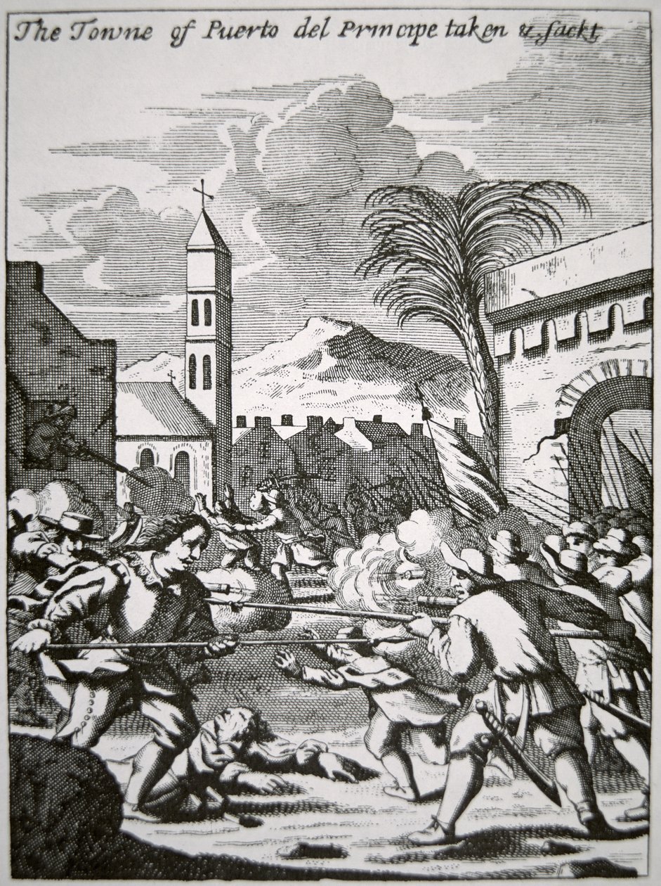 Henry Morgan erobert und plündert die Stadt Puerto de Principe, Kuba, 1668, Illustration aus 