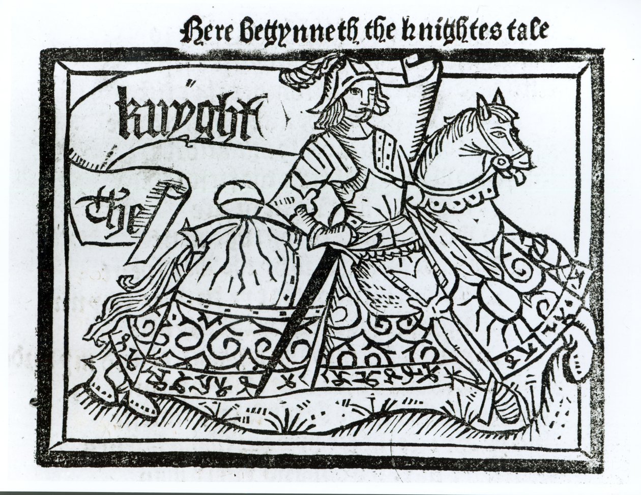 Hier beginnt die Geschichte des Ritters, Illustration aus den Canterbury Tales von Geoffrey Chaucer (ca. 1345-1400) gedruckt von William Caxton (ca. 1422-91) 1434 von English School