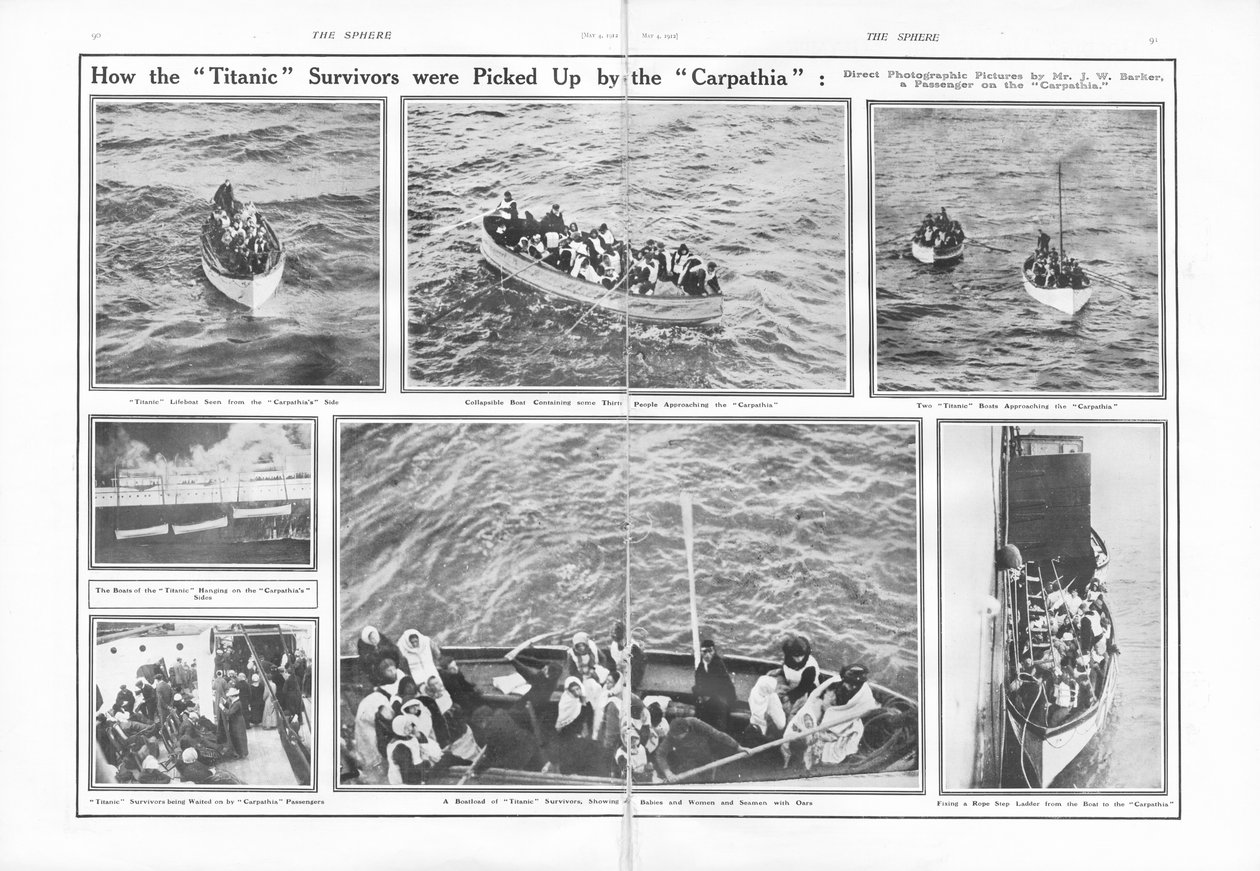Wie die Überlebenden der Titanic von der Carpathia aufgenommen wurden, aus The Sphere, 04. Mai 1912 von English School