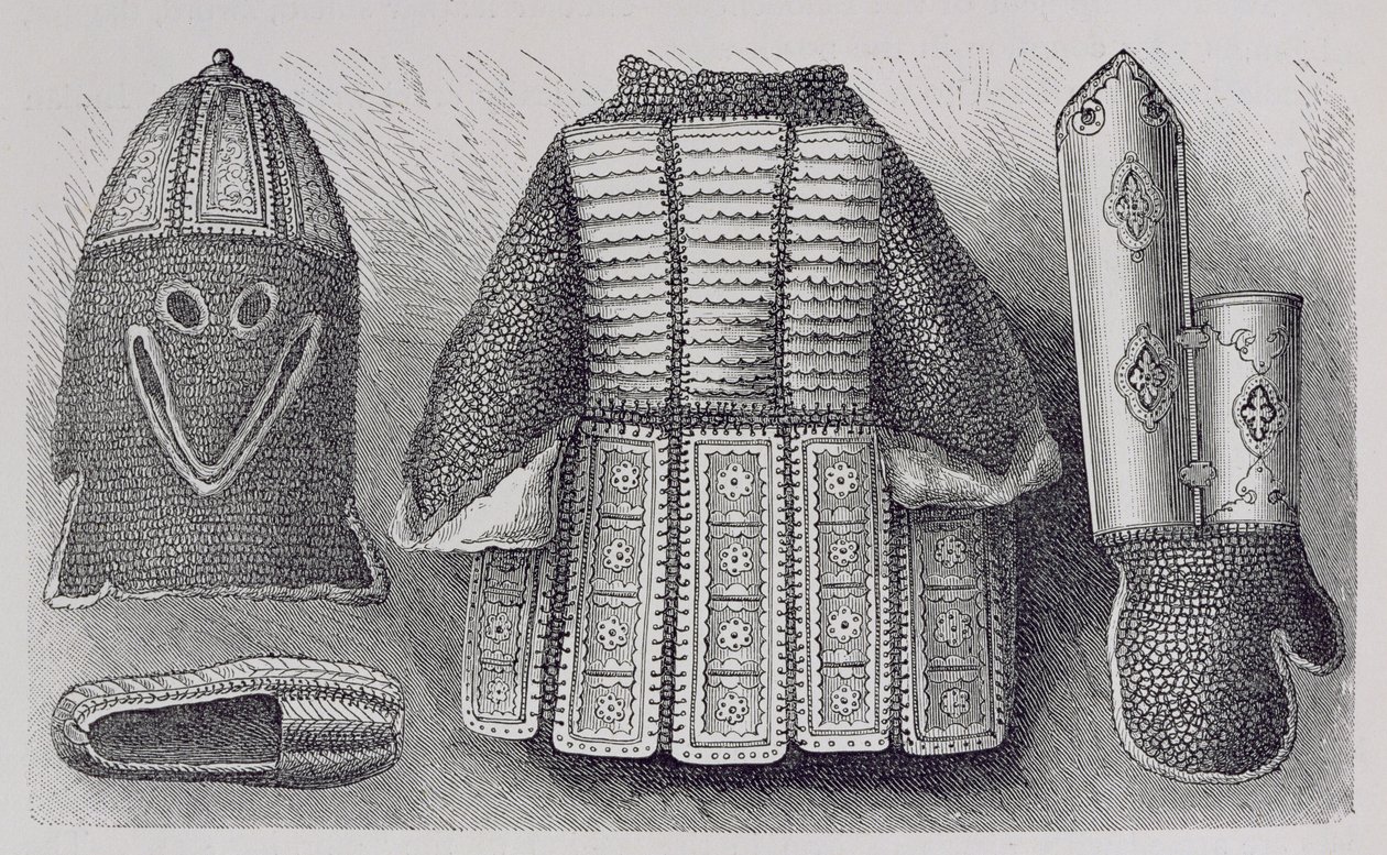 Indische Rüstung bestehend aus Helm, Tunika, Handschuhen und Schuhen aus Bhuj, aus Die Geschichte der Menschheit, Bd.III, von Prof. Friedrich Ratzel, 1898 von English School