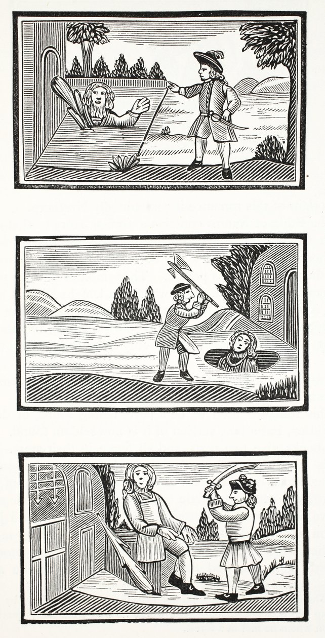 Jack und die Riesen, Illustration aus Chap-books des achtzehnten Jahrhunderts von John Ashton, veröffentlicht 1882 von English School