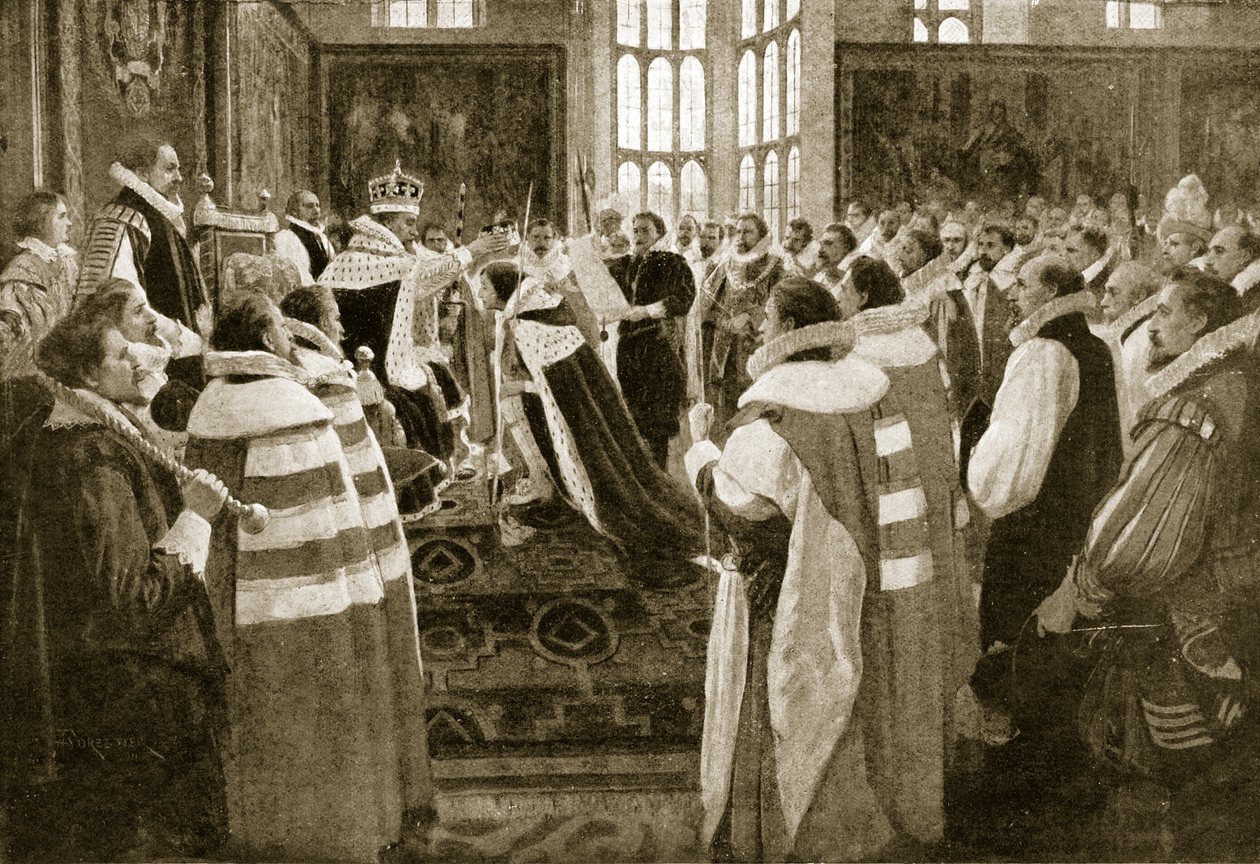 James I. investiert seinen Sohn Charles als Prinz von Wales, 1616, Illustration aus Hutchinsons Geschichte der britischen Nation, ca. 1923 von English School