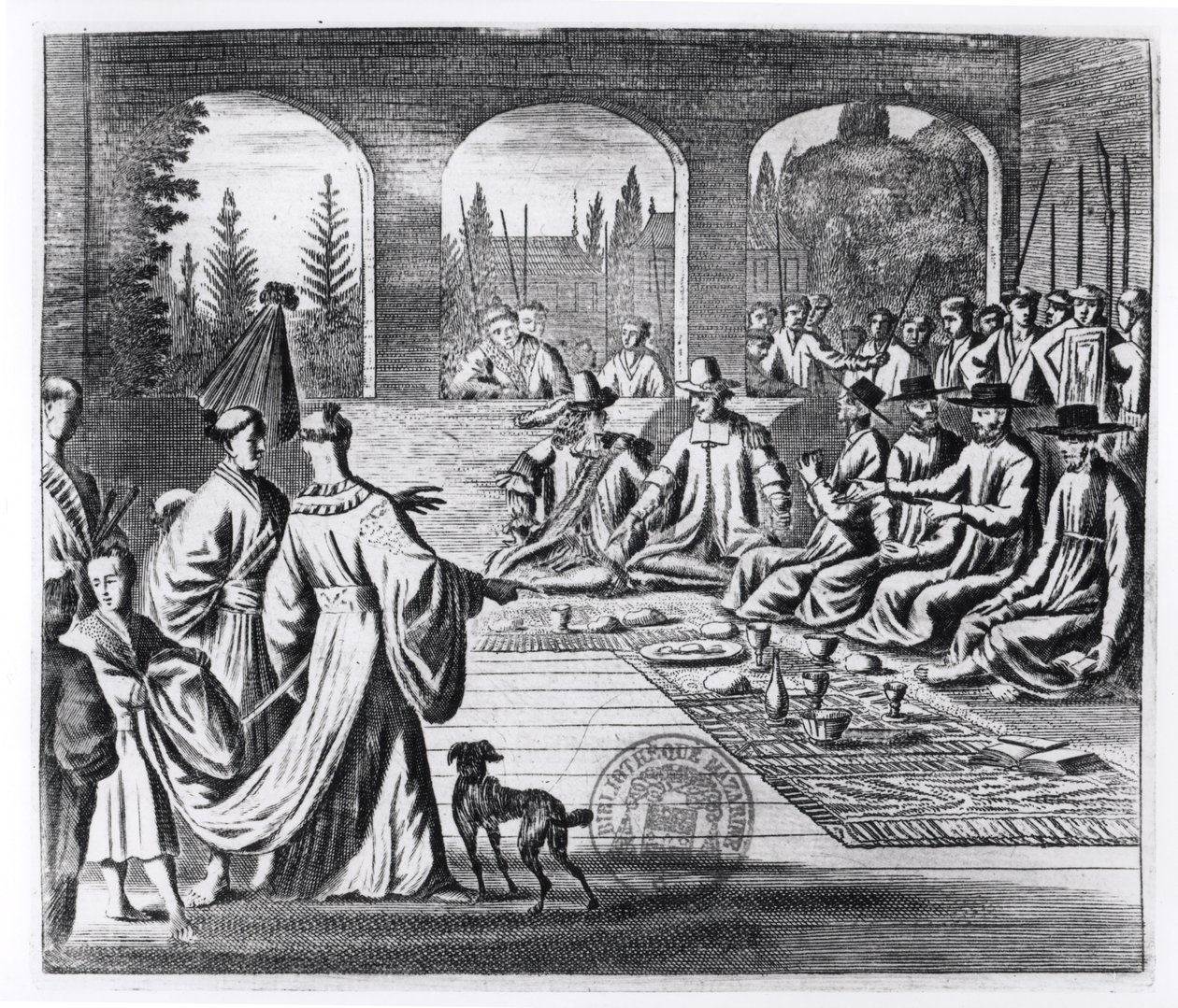 Jesuiten mit niederländischen und portugiesischen Kaufleuten am Hof des japanischen Kaisers, Illustration aus A Memorable Embassy to the Emperor of Japan von Arnold Montanus, veröffentlicht in London 1670 von English School