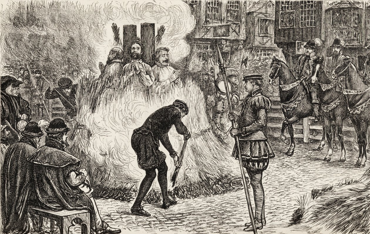 John Bland, John Frankesh, Nicholas Sheterden und Humphrey Middleton lebendig verbrannt wegen Ketzerei im 16. Jahrhundert, um 1865 (Holzstich) von English School