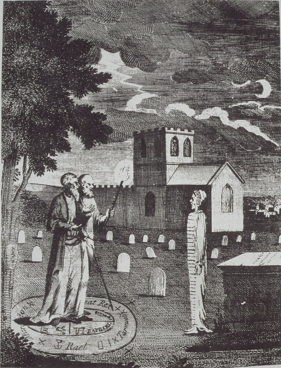 John Dee und Edward Kelly beschwören die Toten, aus einer Geschichte der Magie, veröffentlicht im späten 19. Jahrhundert von English School