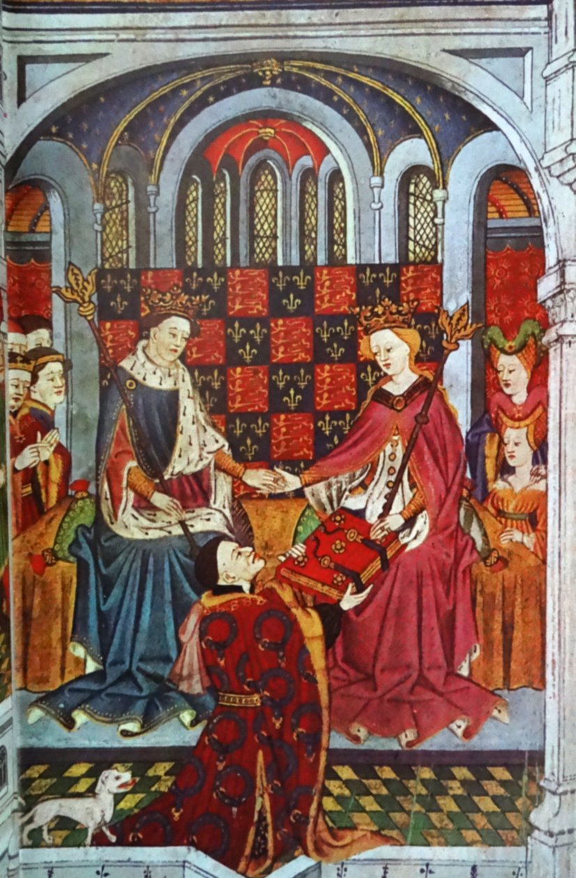 John Talbot, Earl of Shrewsbury, überreicht ein Buch an Heinrich VI. und Margarete von Anjou (Pergament) von English School