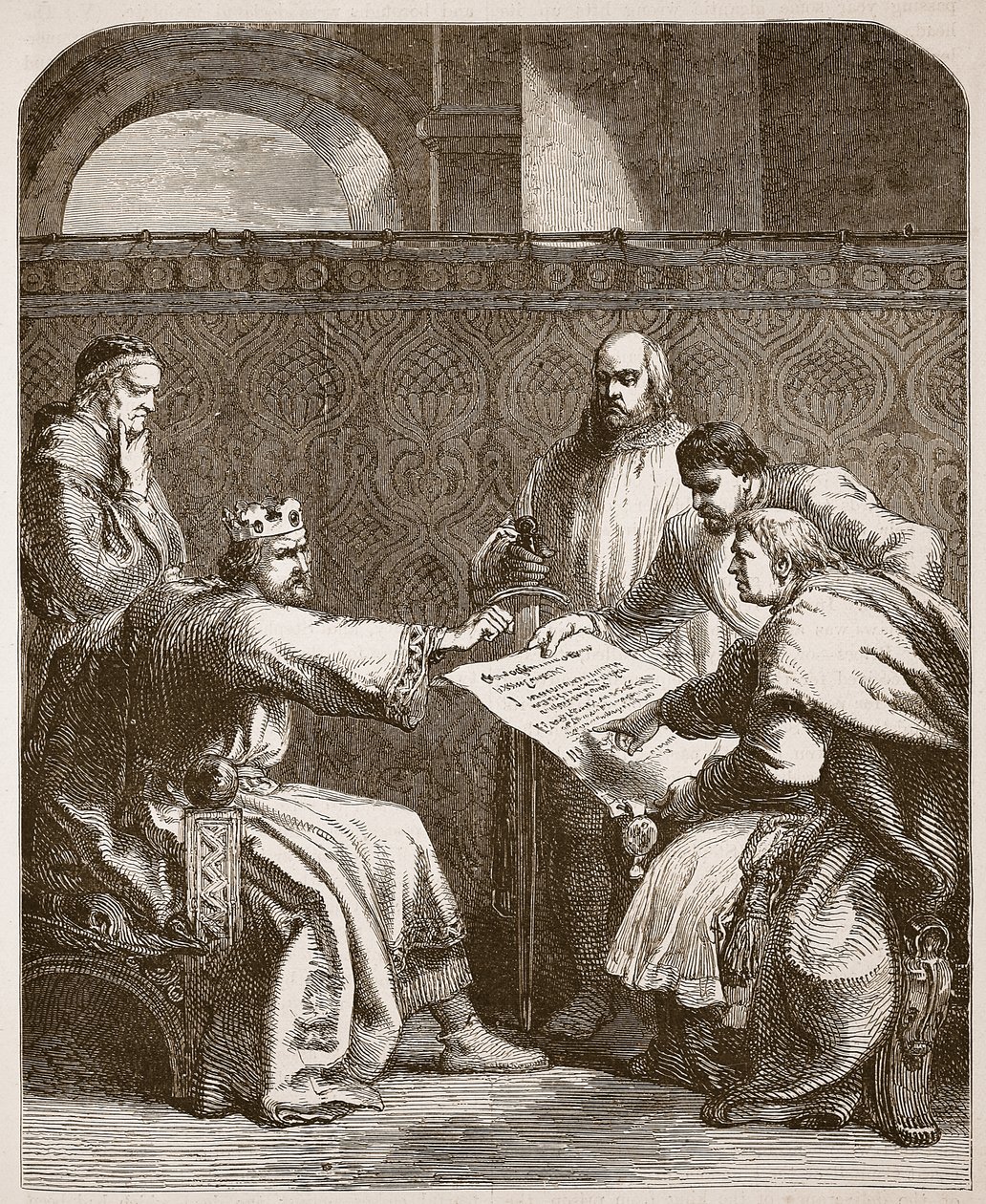 Johann verweigert die Unterzeichnung der Artikel der Barone, Illustration aus Cassells Illustrierter Geschichte Englands von English School
