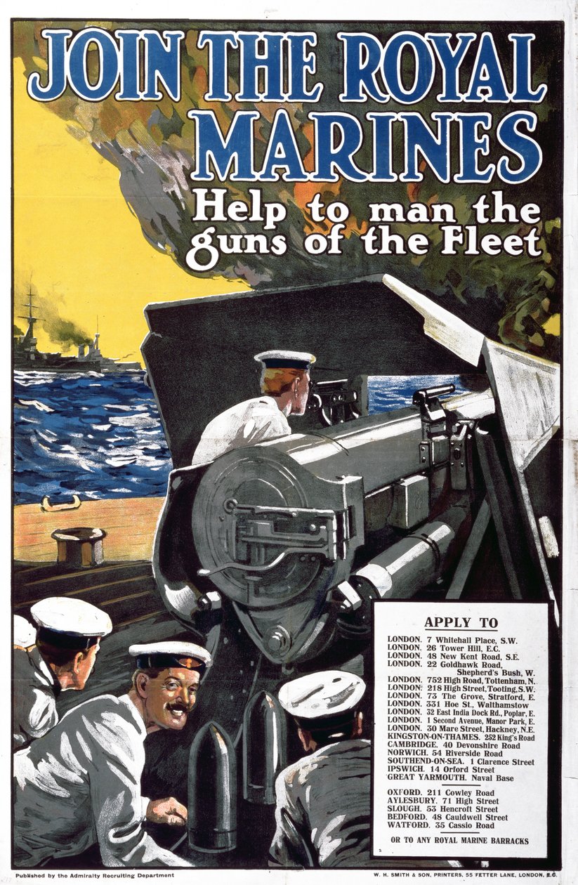 Treten Sie den Royal Marines bei - Helfen Sie, die Geschütze der Flotte zu bemannen, Erster Weltkrieg Rekrutierungsplakat von English School