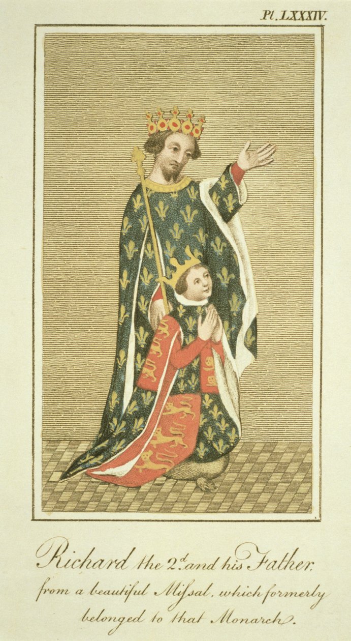 König Richard II. (1367-1400) mit seinem Vater Edward (1330-76) dem Schwarzen Prinzen, Illustration aus The Complete View of the Dress and Habits of the People of England Volume II, veröffentlicht 1799 von English School