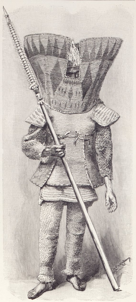 Kingsmill-Insulaner in voller Rüstung, aus Die Geschichte der Menschheit, Bd.1, von Prof. Friedrich Ratzel, 1896 von English School