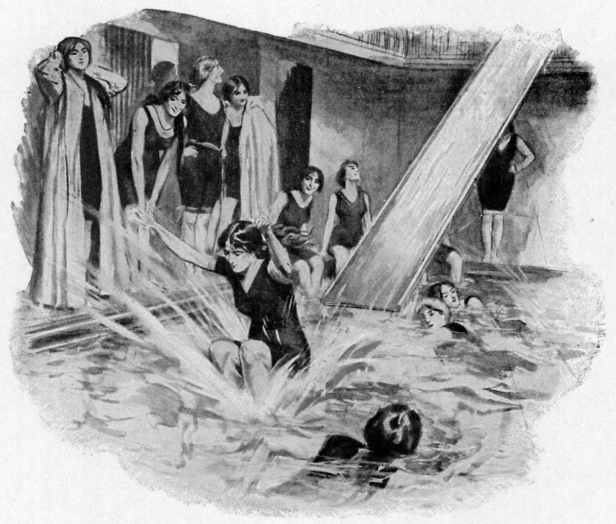 Damen benutzen die Rutsche (Bath Club) (Lithografie) von English School