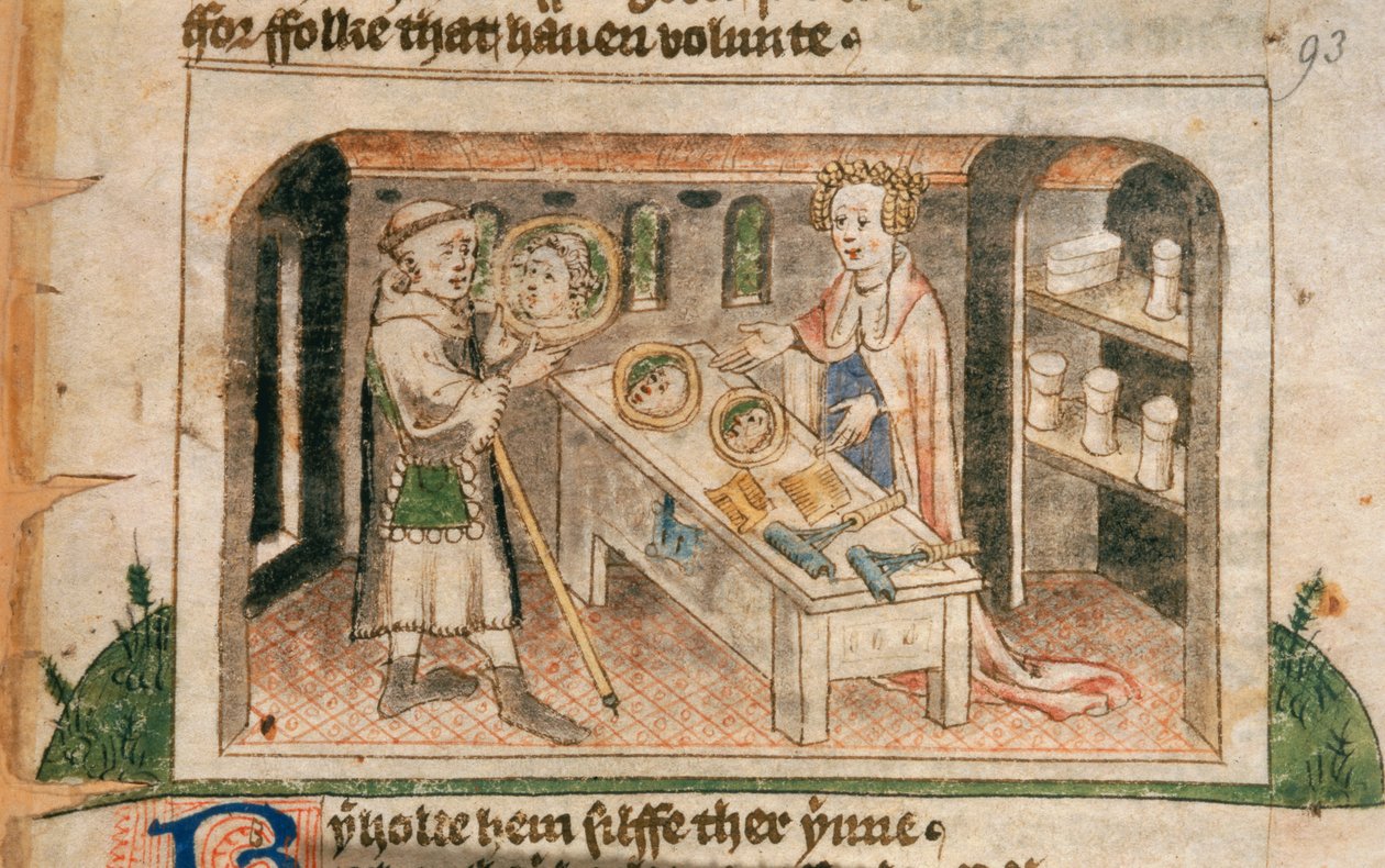 Lady Hagiographie zeigt einem Pilger ihre Sammlung von Salben und Toilettenartikeln, Illustration aus der englischen Übersetzung von 