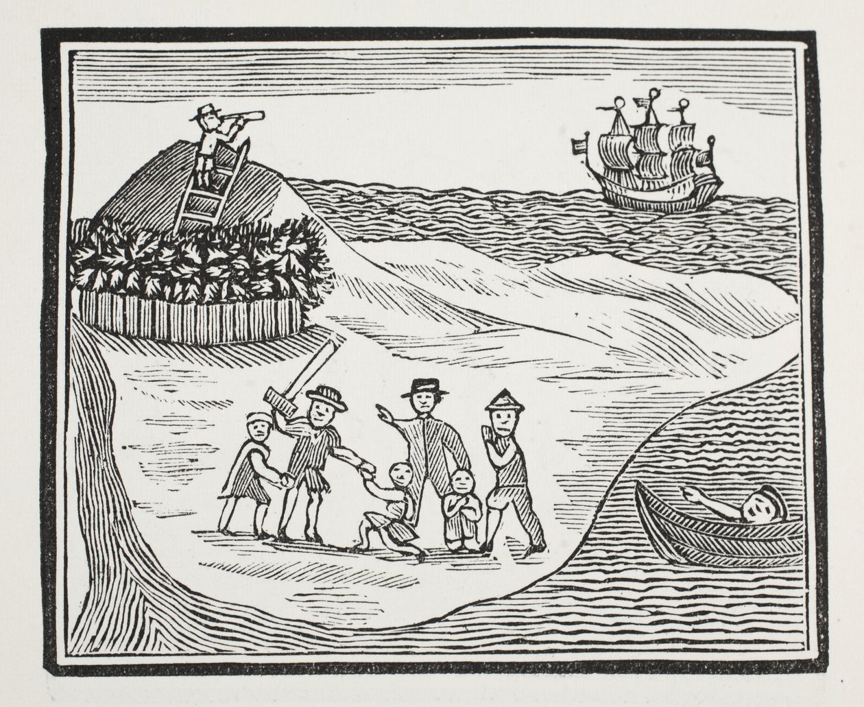 Landung der meuternden Besatzung auf der Insel, Illustration aus Chap-books des achtzehnten Jahrhunderts von John Ashton, veröffentlicht 1882 von English School