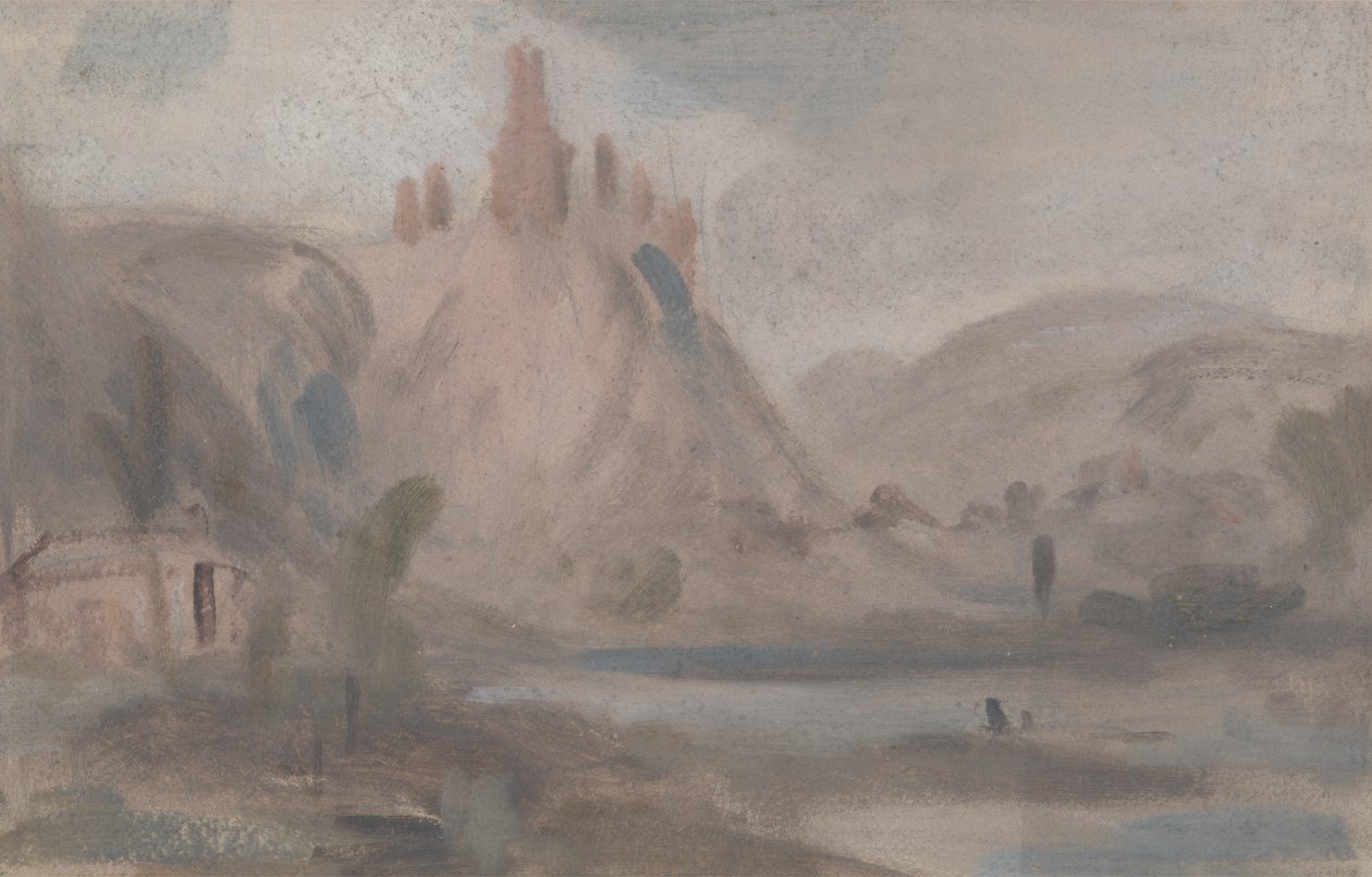 Landschaft mit einer Burg auf einem Hügel, zuvor J.M.W. Turner (1775-1851) und auch Peter de Wint (1784-1849) zugeschrieben von English School