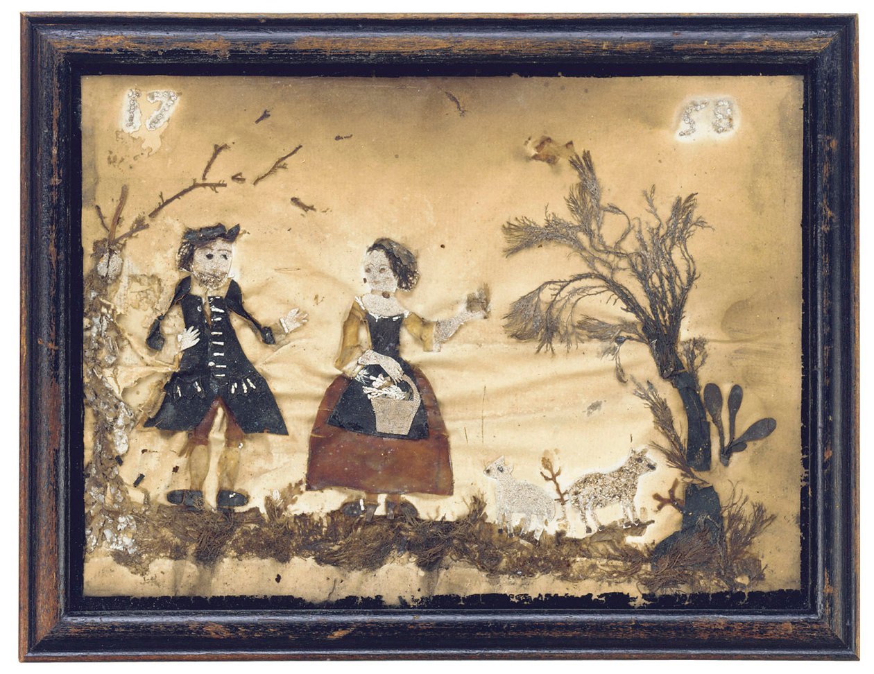 Landschaft mit Figuren und Schafen von English School