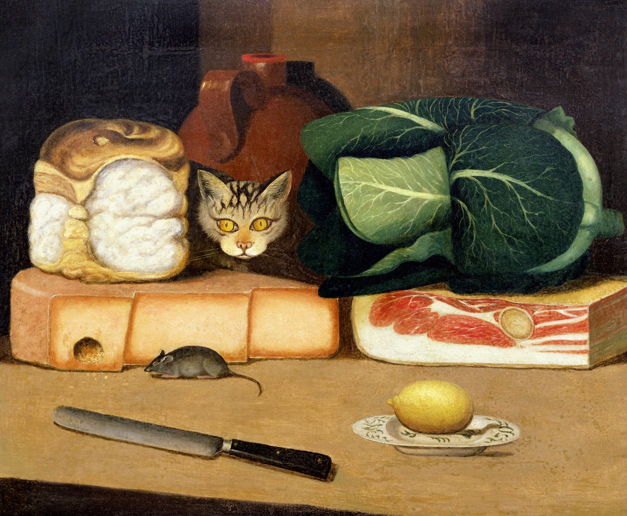Speisekammer-Stillleben mit einer Katze, die eine Maus jagt, ca. 1840 von English School