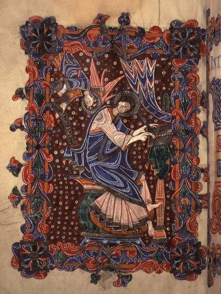 Lat 14782 f.16v St. Matthäus schreibt sein Evangelium, ca. 1080 (Pergament) von English School