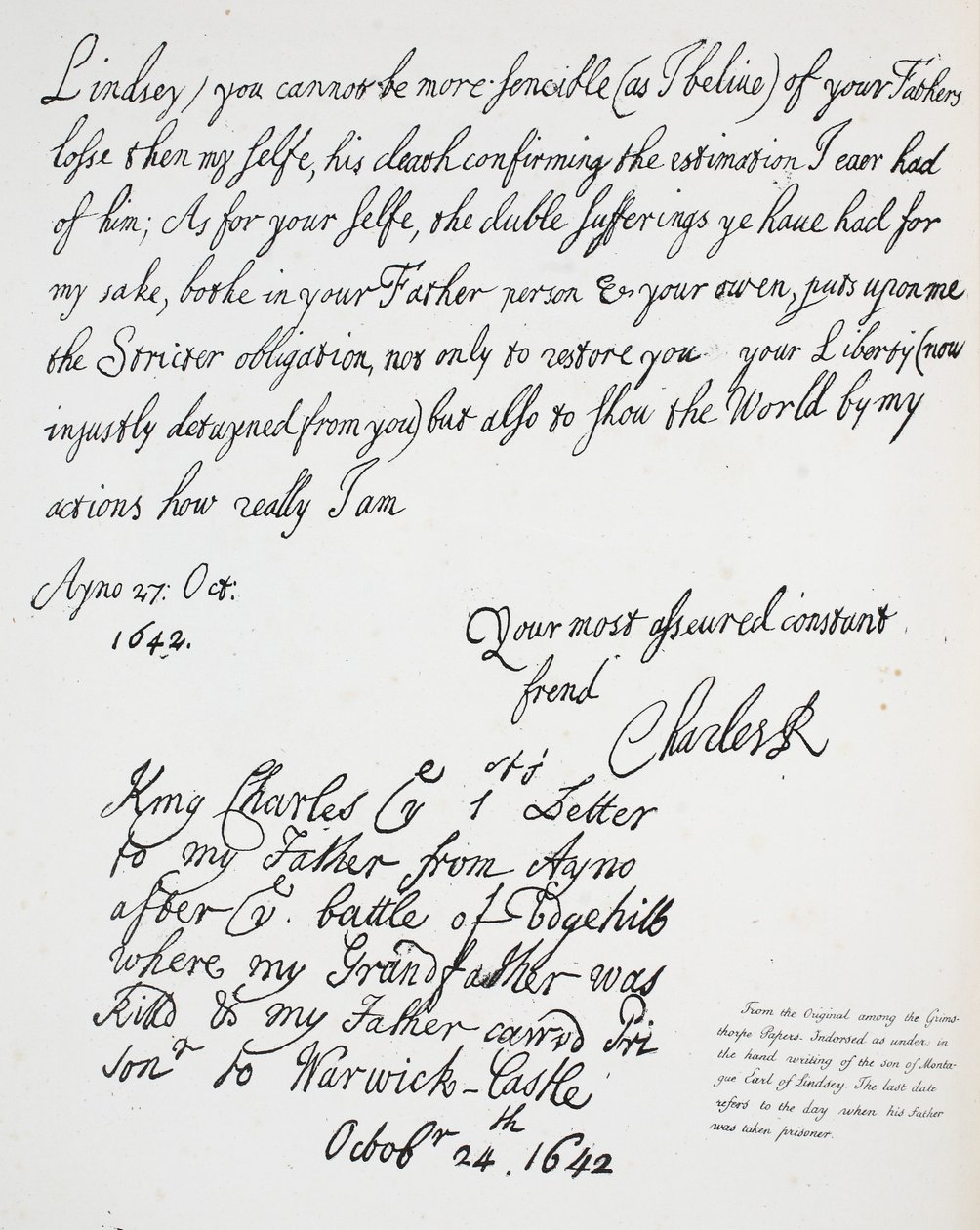 Brief von Charles II. an Montague, Earl of Lindsey, 27. Oktober 1642 von English School