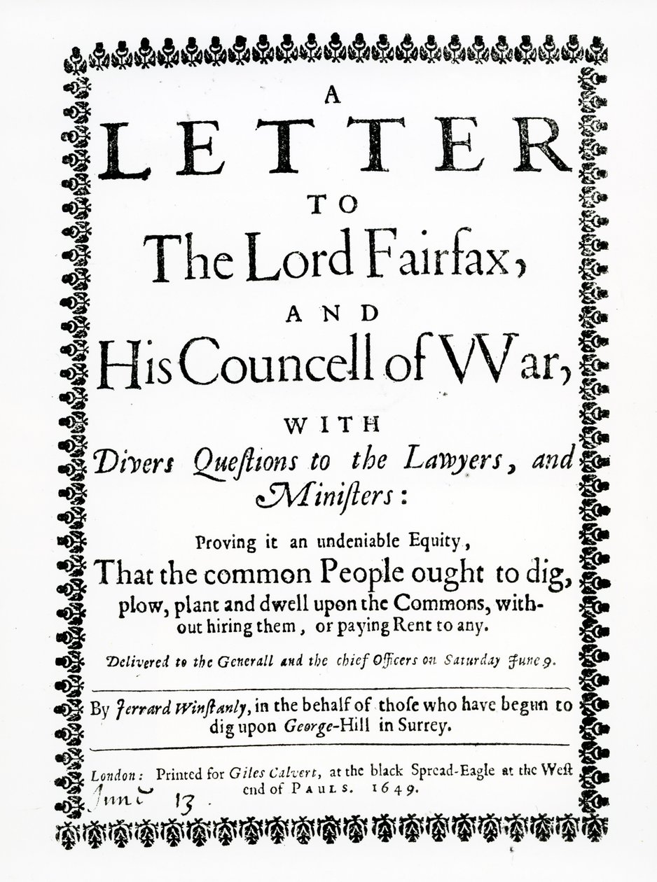 Brief an Lord Fairfax von Gerrard Winstanley im Namen der Diggers auf St. George Hill, Surrey, gedruckt 1649 von English School
