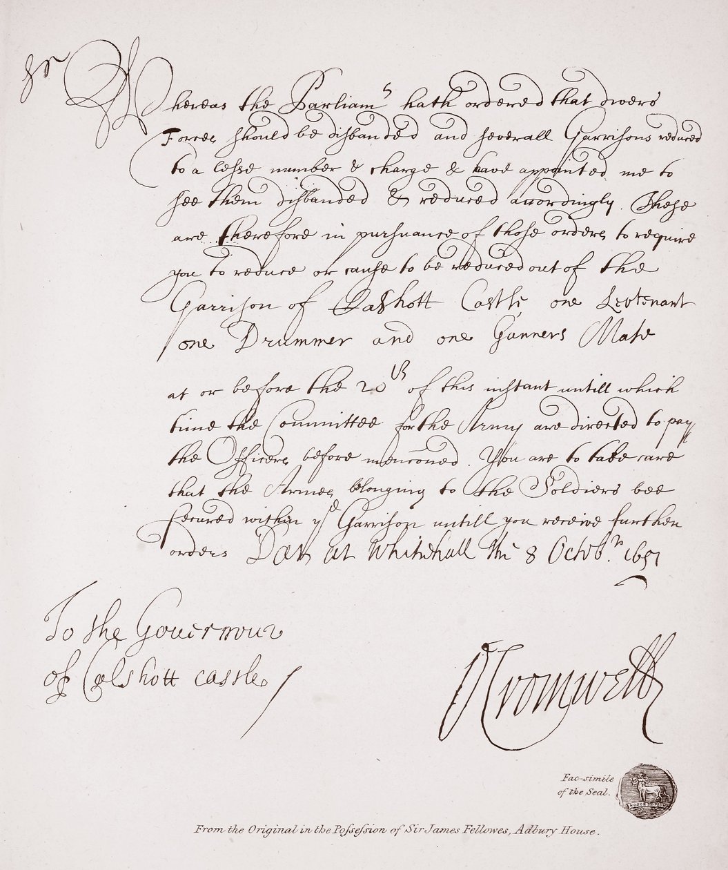 Brief an den Gouverneur von Calshott Castle von Oliver Cromwell, 1651, Faksimile des Originals im Besitz von Sir James Fellowes, Adbury House von English School