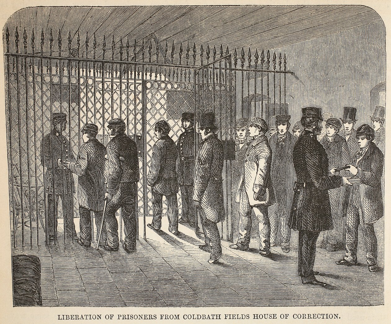 Freilassung von Gefangenen aus dem Coldbath Fields House of Correction, Illustration aus The Criminal Prisons of London and Scenes from Prison Life von Henry Mayhew und John Binny, veröffentlicht 1862 von English School