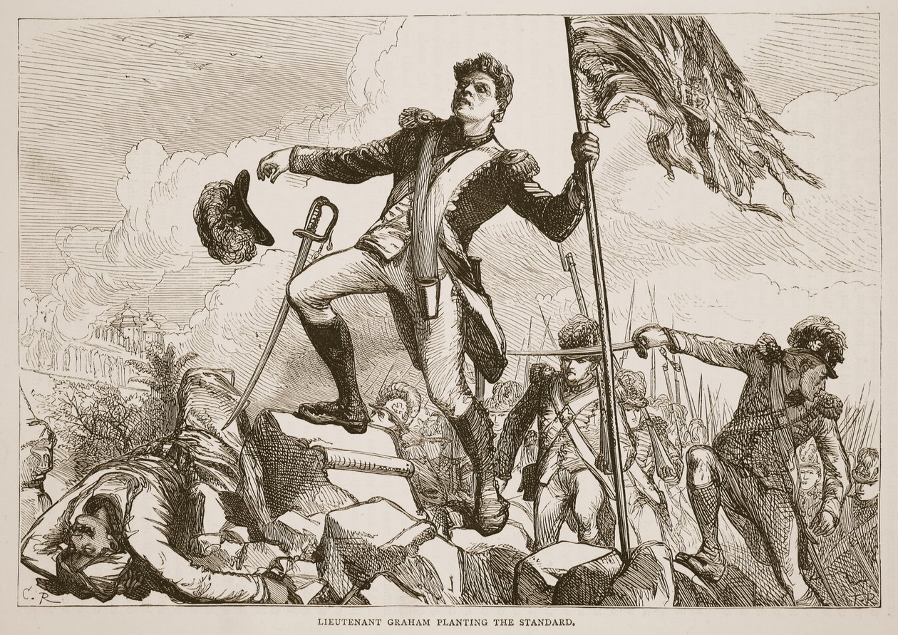 Leutnant Graham pflanzt das Banner, Illustration aus Cassells Illustrierter Geschichte Indiens von James Grant, veröffentlicht 1879 von English School