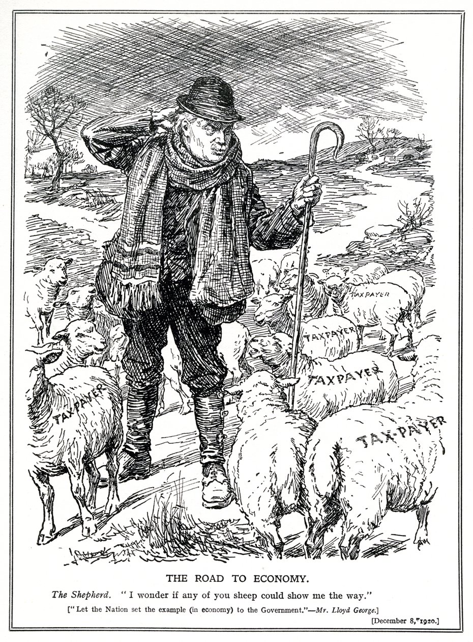 Lloyd George als Hirte von Großbritannien bittet die Steuerzahler (Schafe), die Erholung der Wirtschaft zu führen, Dezember 1920 von English School