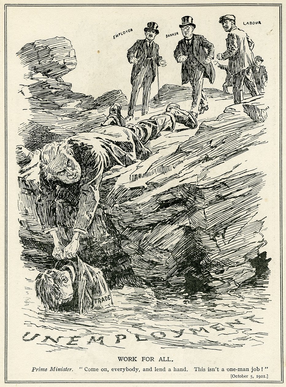 Lloyd George fordert Arbeitgeber, Banker und Arbeiter auf, zusammenzuarbeiten, um die Arbeitslosigkeit zu besiegen, 1921 von English School